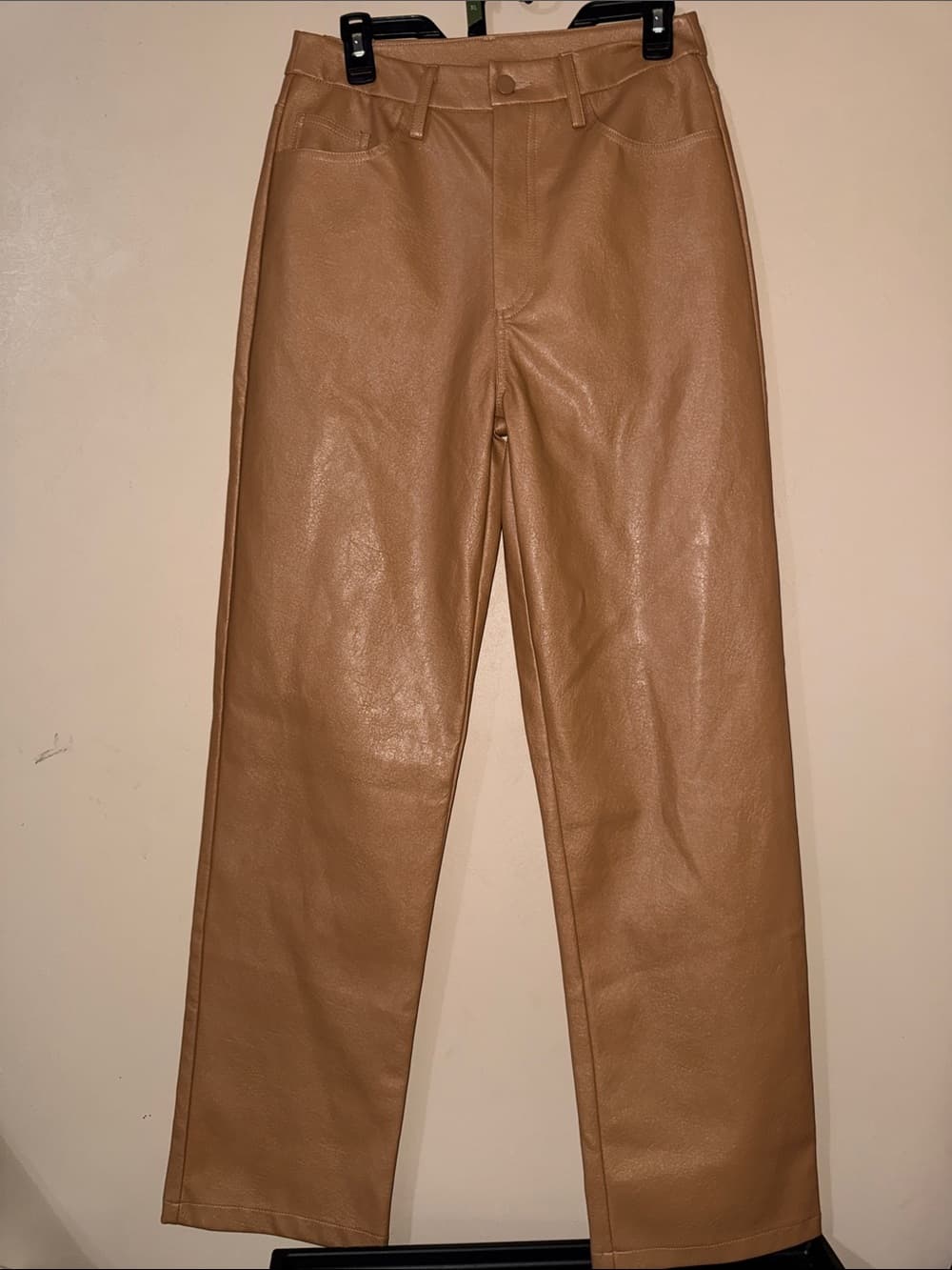Kendall & Kylie Tan Faux Leather High Rise Straight Leg Pants Womens Size Medium