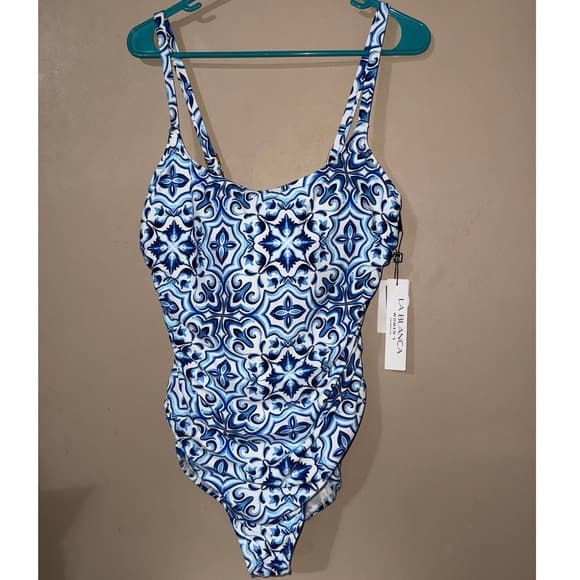 La Blanca Blue White Tile Print One Piece Swimsuit Size 16W LB5RN24MW-BLU NEW