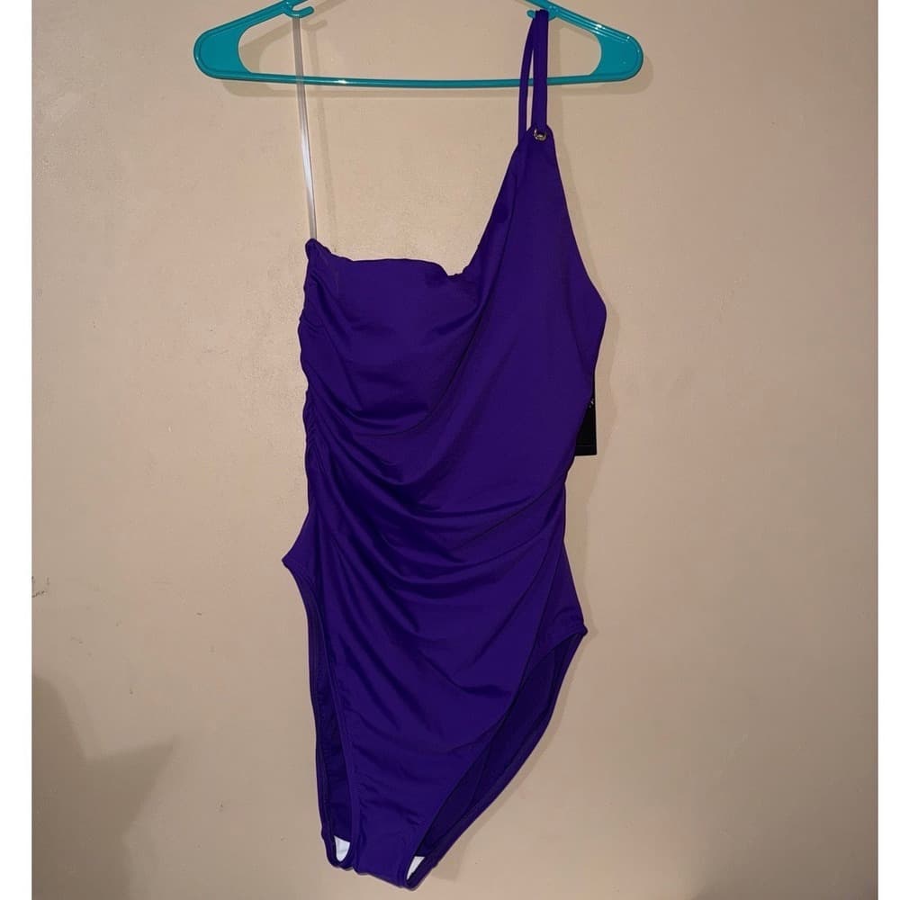 Lauren Ralph Lauren Purple One Shoulder Ruched One Piece Swimsuit 16 20201004