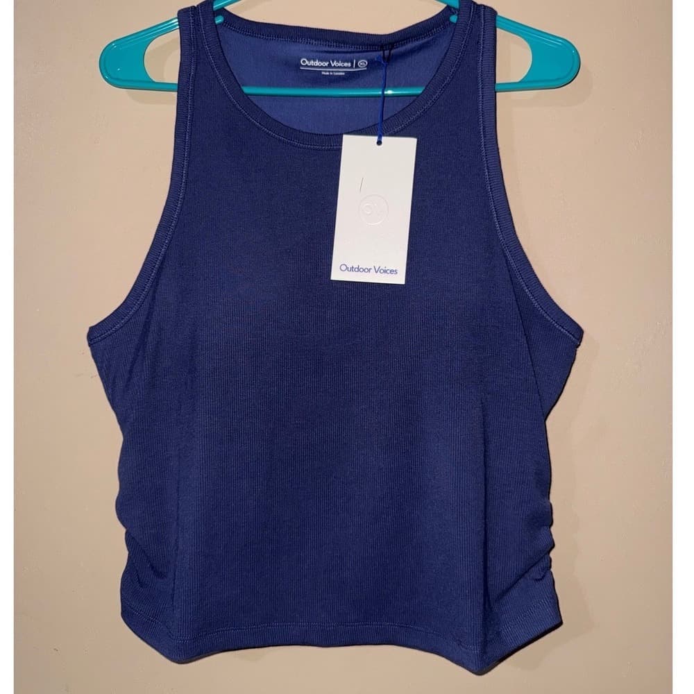 Outdoor Voices Rib Knit Tank Peri Night Blue Built-In Shelf Bra Ruched XL NEW