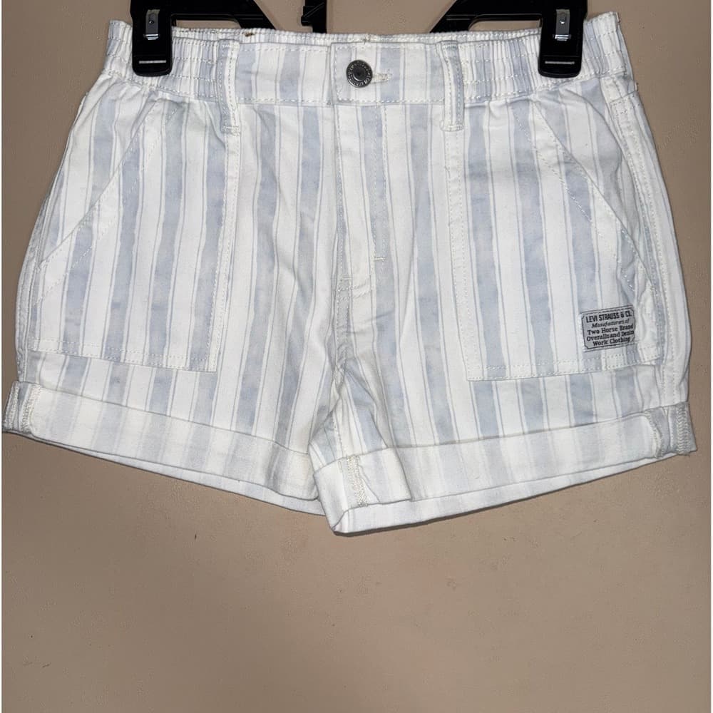 Levis High Rise Striped Denim Shorts Blue White Cuffed Girls 10/12
