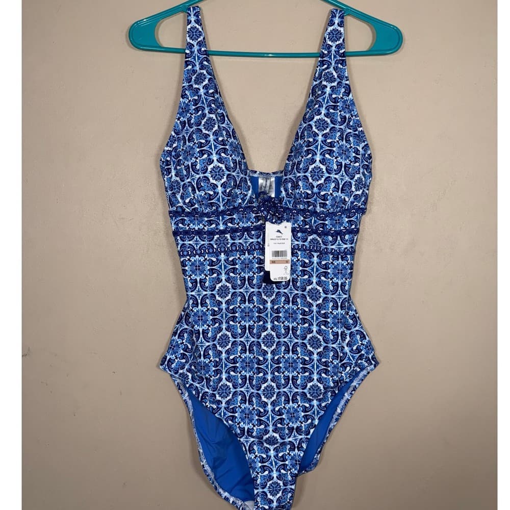 Tommy Bahama Terrazzo Tile Tie Front One Piece Swimsuit Palace Blue 12 SS300521
