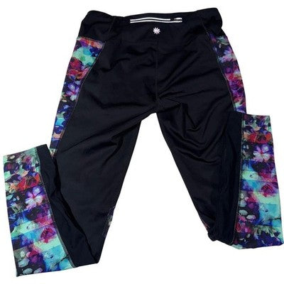 Athleta Floral Side Stripe Leggings Women's Medium Black Yoga Running 438834 — flaw