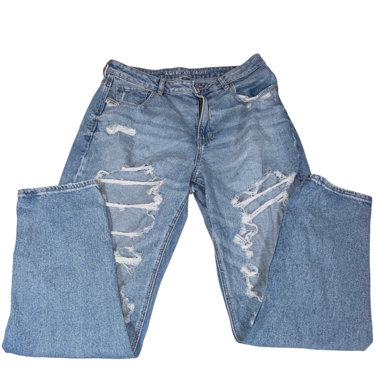 American Eagle Womens 14 Long Light Wash Heavily Distressed Stretch Jeans