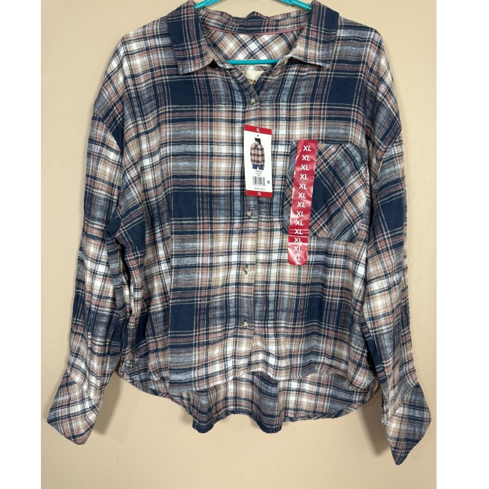 Scotch & Soda Amsterdam Plaid Flannel Shirt Womens XL Pink Navy Y9B00694 NWT