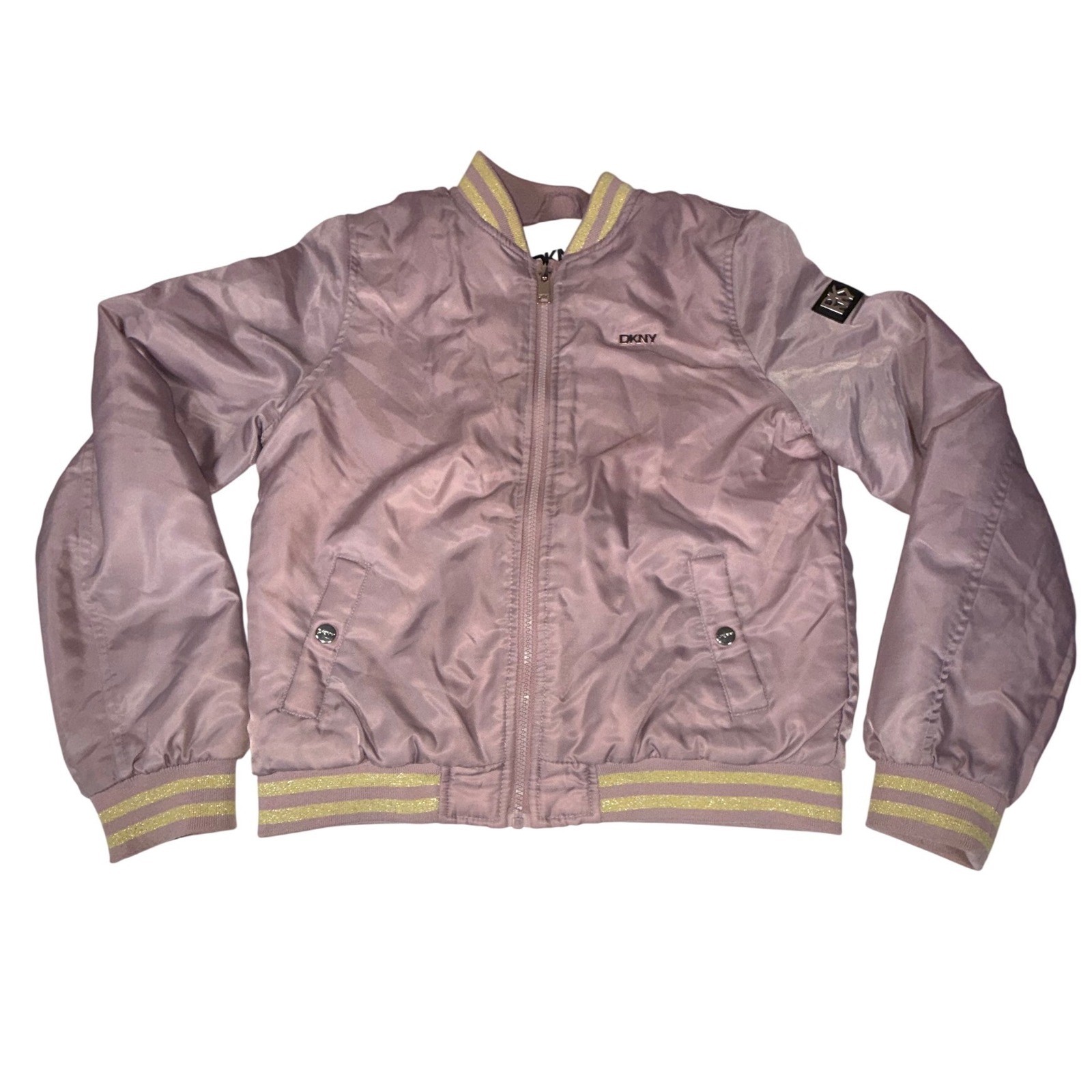 DKNY Girls L 14/16 Pink Nylon Bomber Jacket Sherpa Lined Gold Metallic Trim