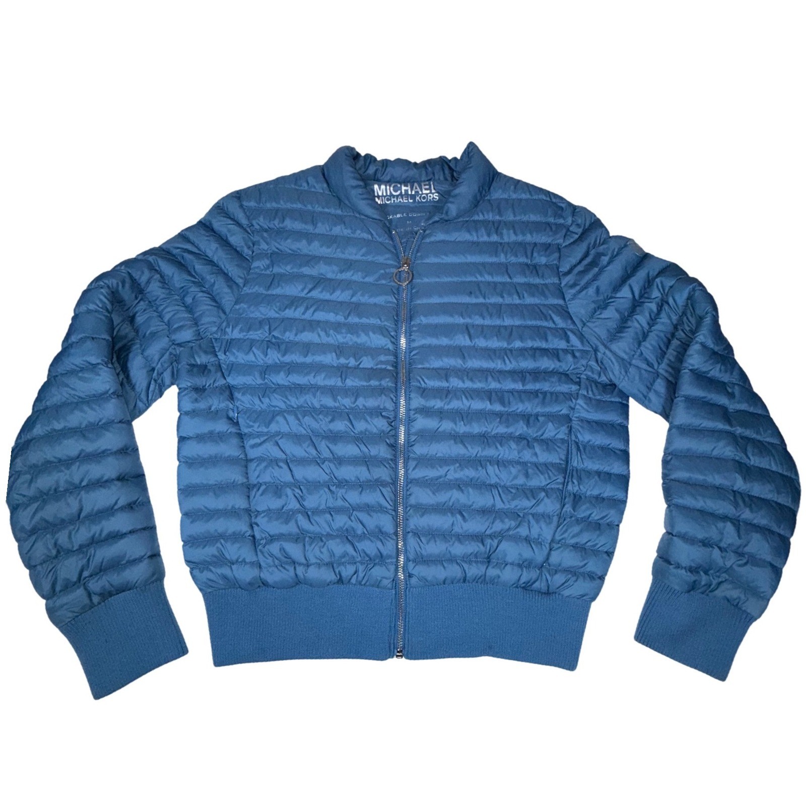 MICHAEL Michael Kors Womens M Blue Packable Down Puffer Bomber Jacket Quilted