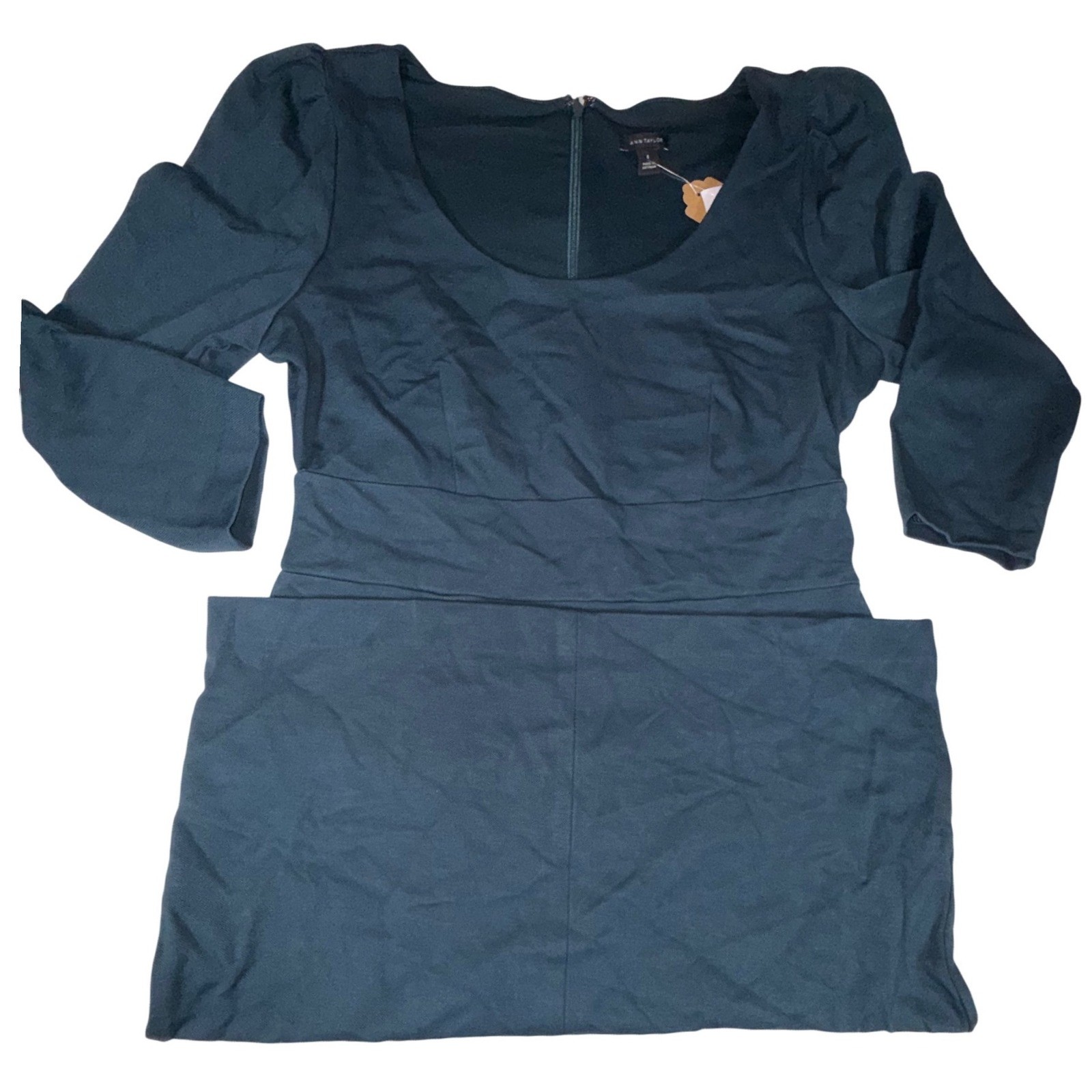 Ann Taylor Size 8 Dark Teal Ponte Knit Square Neck Puff Sleeve Sheath Dress NWT