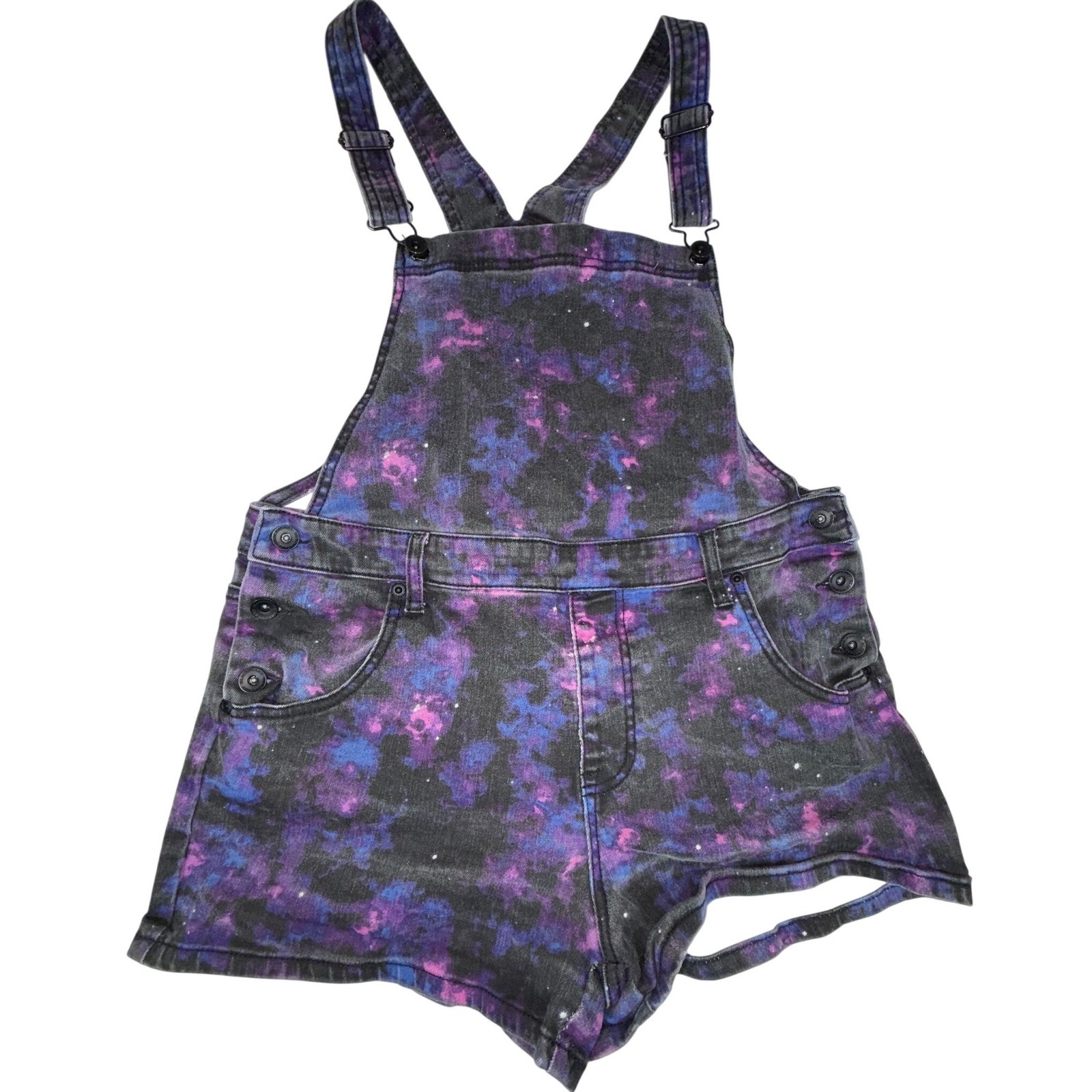 Blackheart Womens L Galaxy Print Denim Shortalls Purple Blue Celestial Overalls