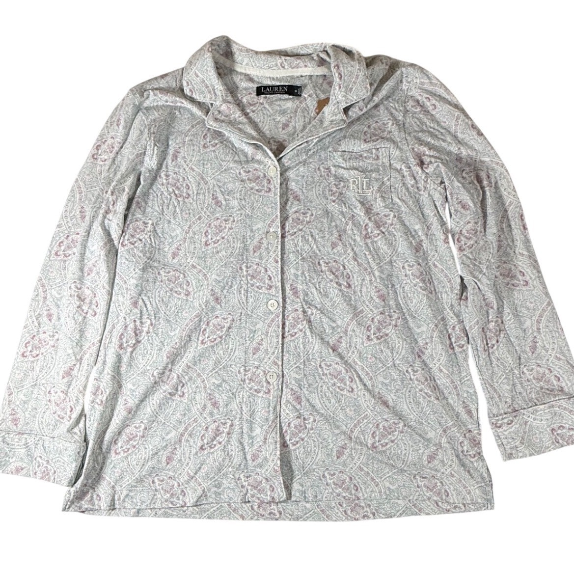 Lauren Ralph Lauren 1X Gray Pink Paisley Cotton Viscose Button Pajama Top