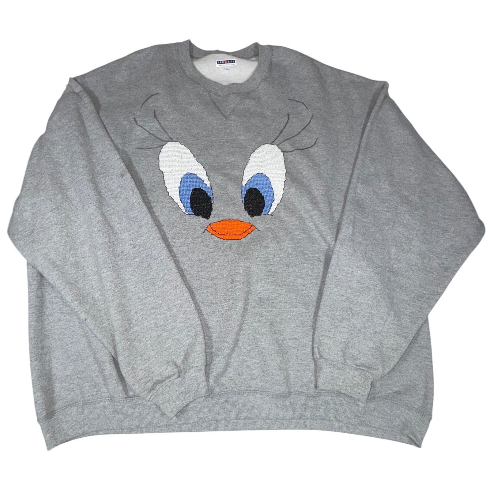 Vintage 90s Jerzees Tweety Bird Cross Stitch Sweatshirt Gray Adult 3X