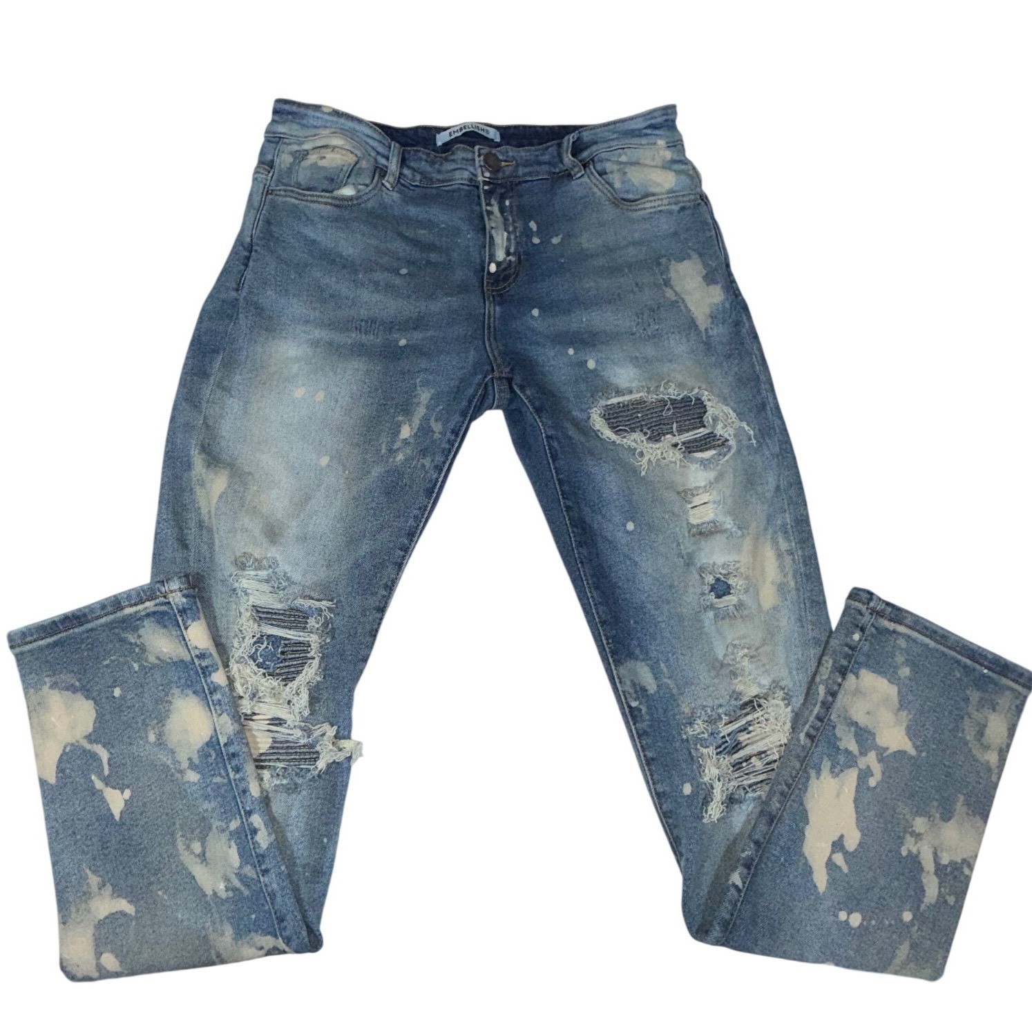 Embellish NYC Men's 34 Distressed Moto Skinny Jeans Blue Bleach Splatter