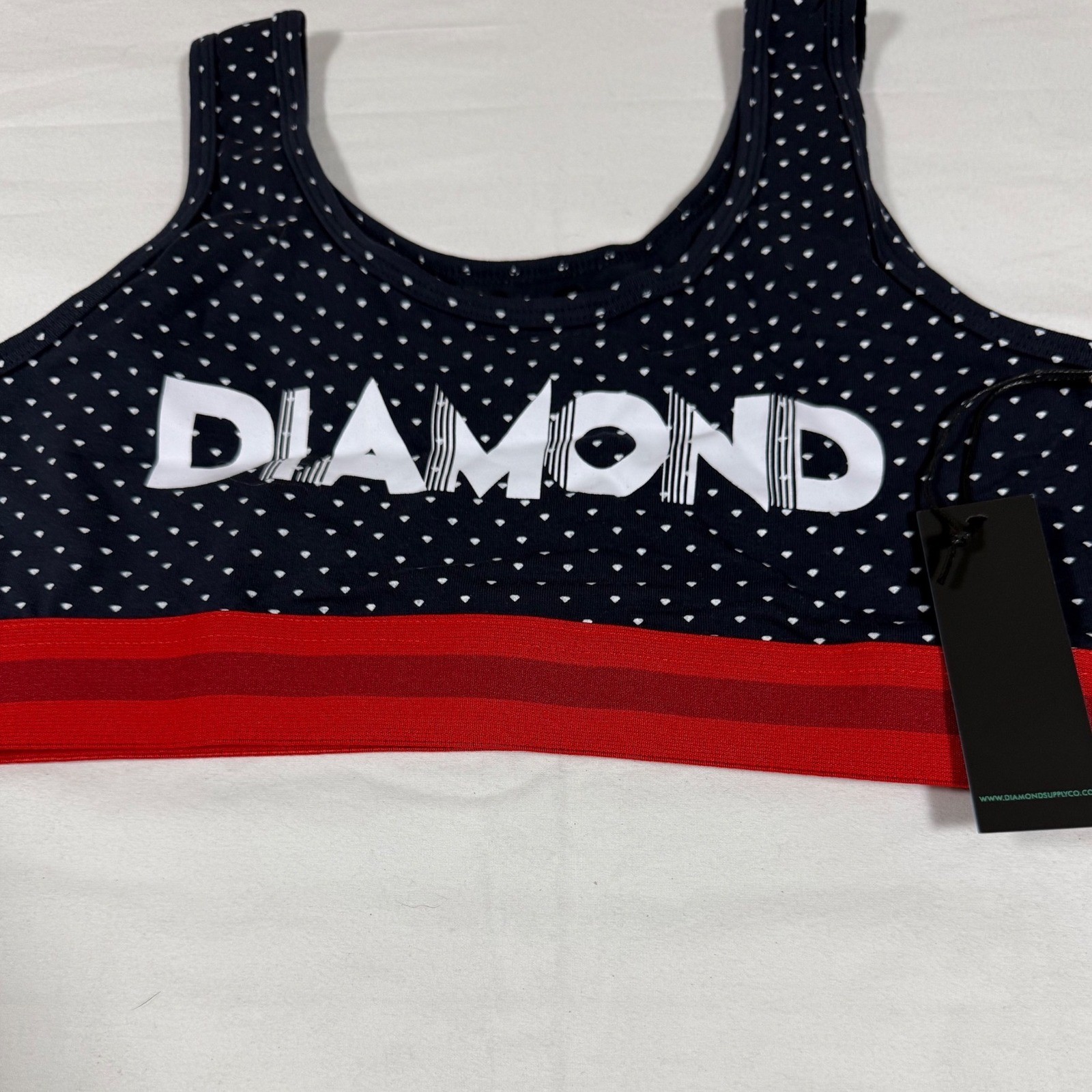 NWT Diamond Supply Co Women's M Navy Diamond Print Sports Bra Red Logo Band
