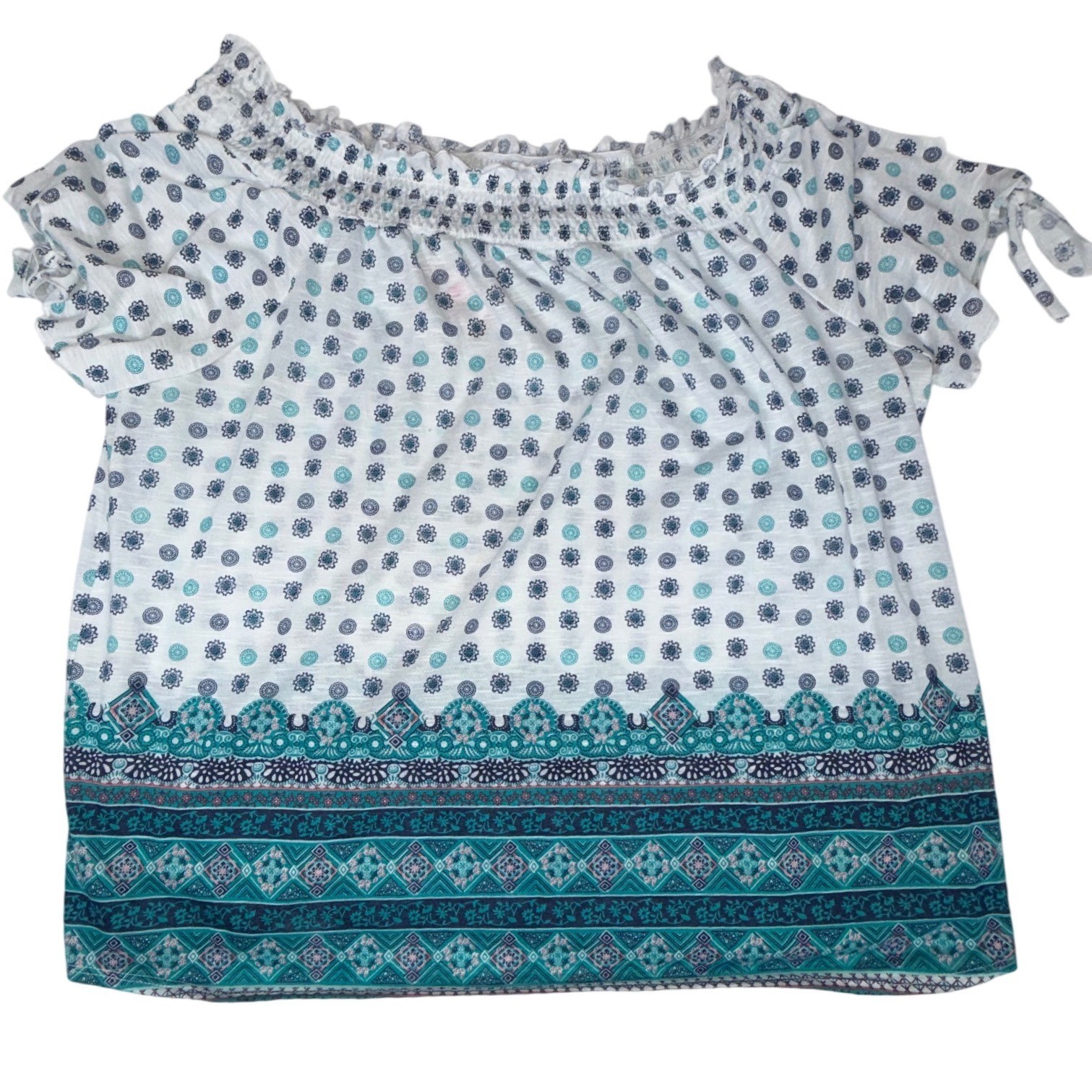 Bobbie Brooks Women's 2X Teal Navy Border Print Smocked Peasant Blouse