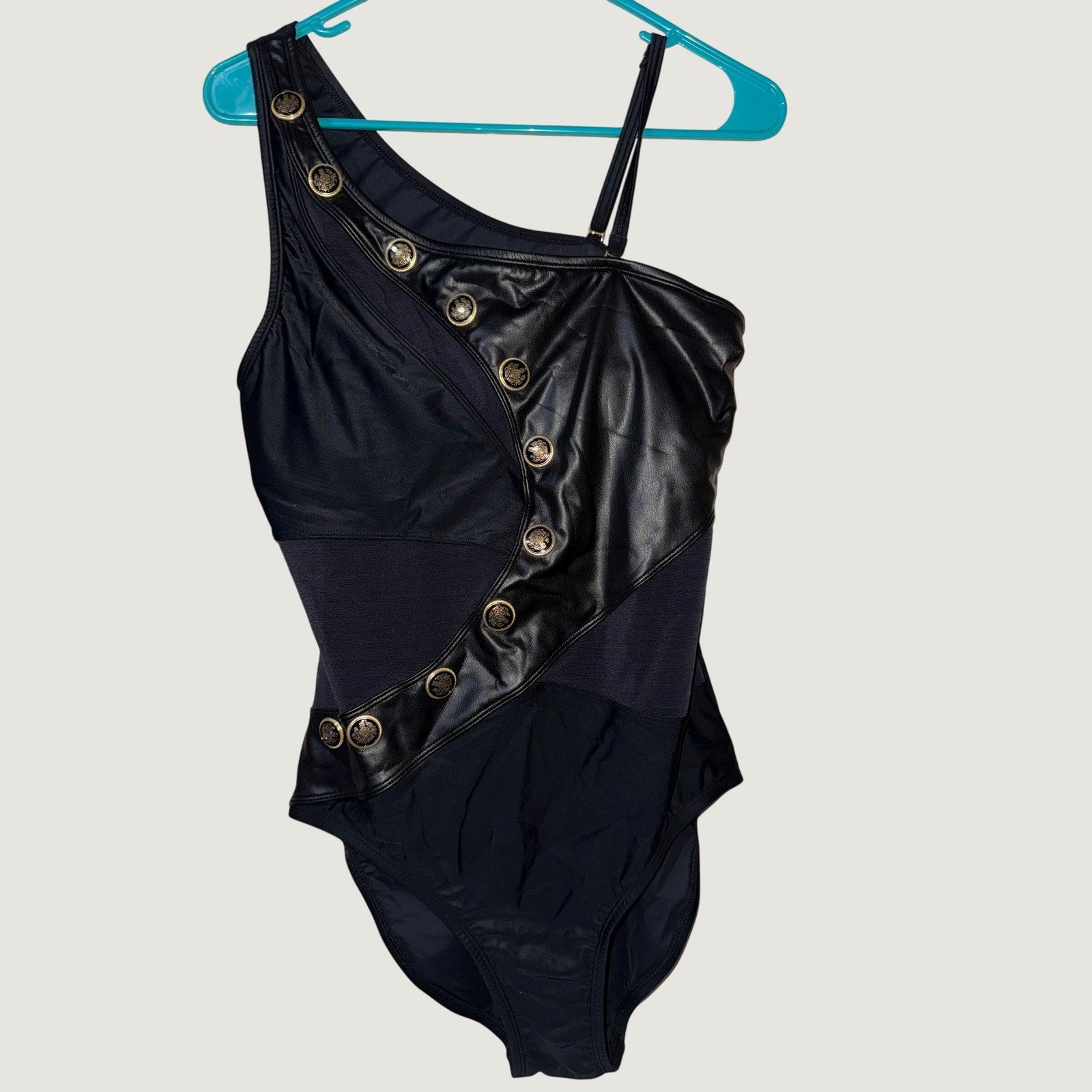 Beyond Control Faux Leather One Shoulder Swimsuit 14 Black Mesh LXLE25818 NWT