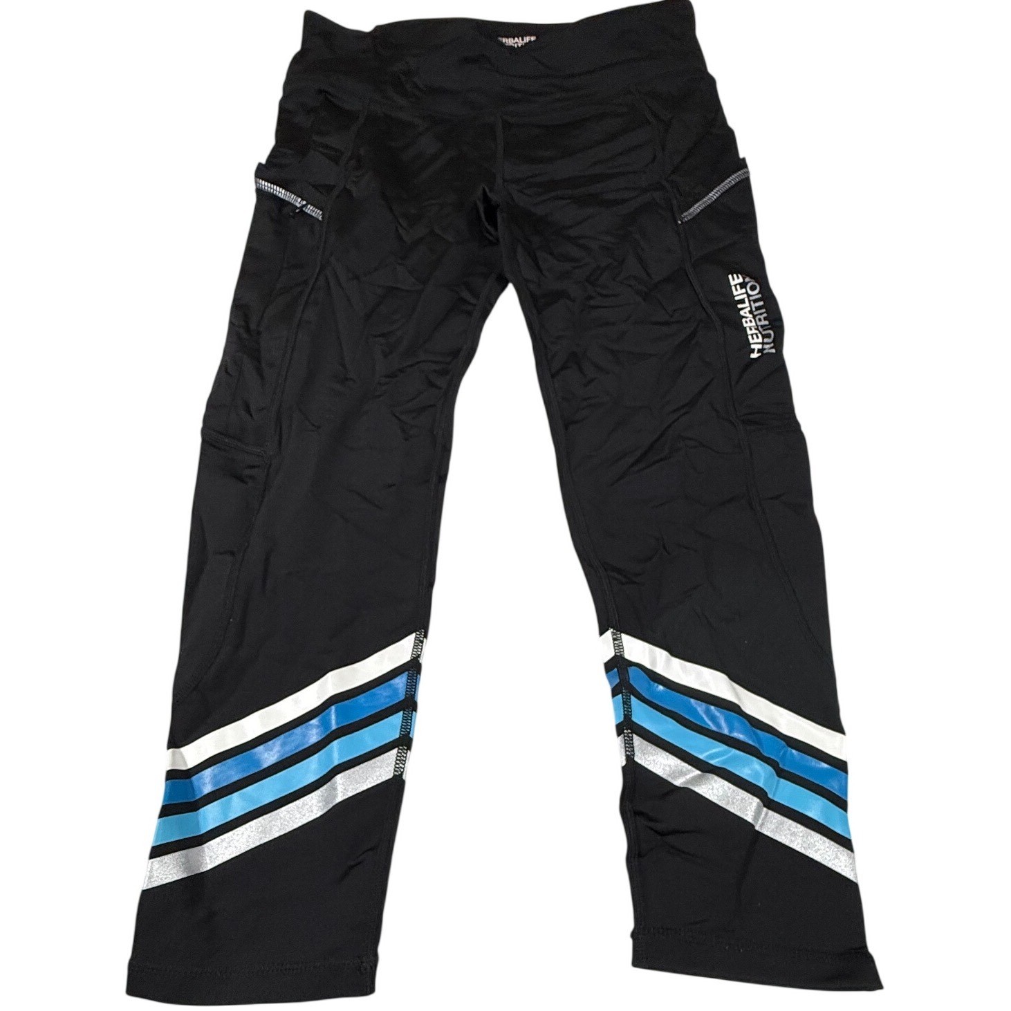 Herbalife Nutrition Women's S Black Blue Stripe Pocket Capri Leggings