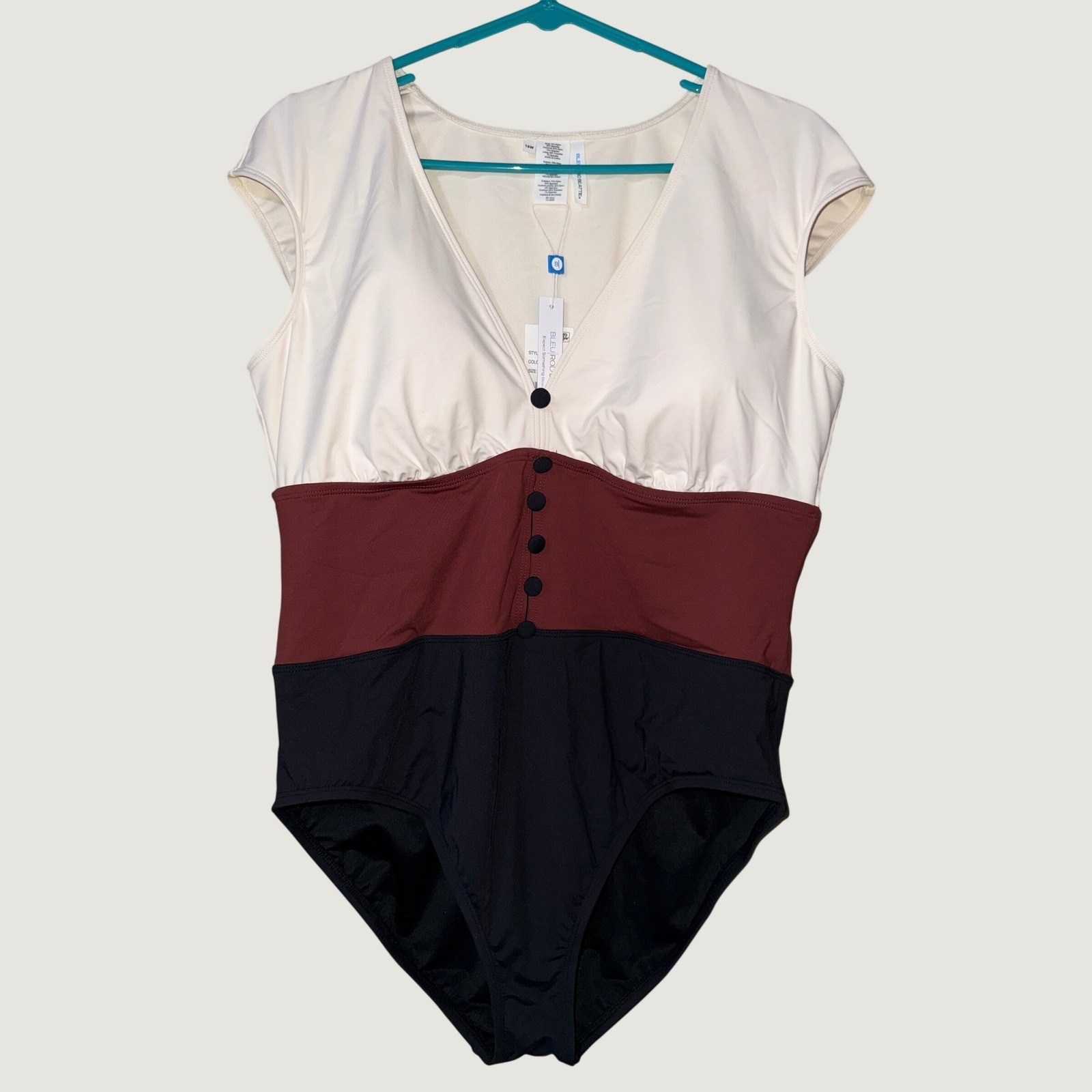 Bleu Rod Beattie Colorblock Button Cap Sleeve Swimsuit 16W RBBD25735X NWT