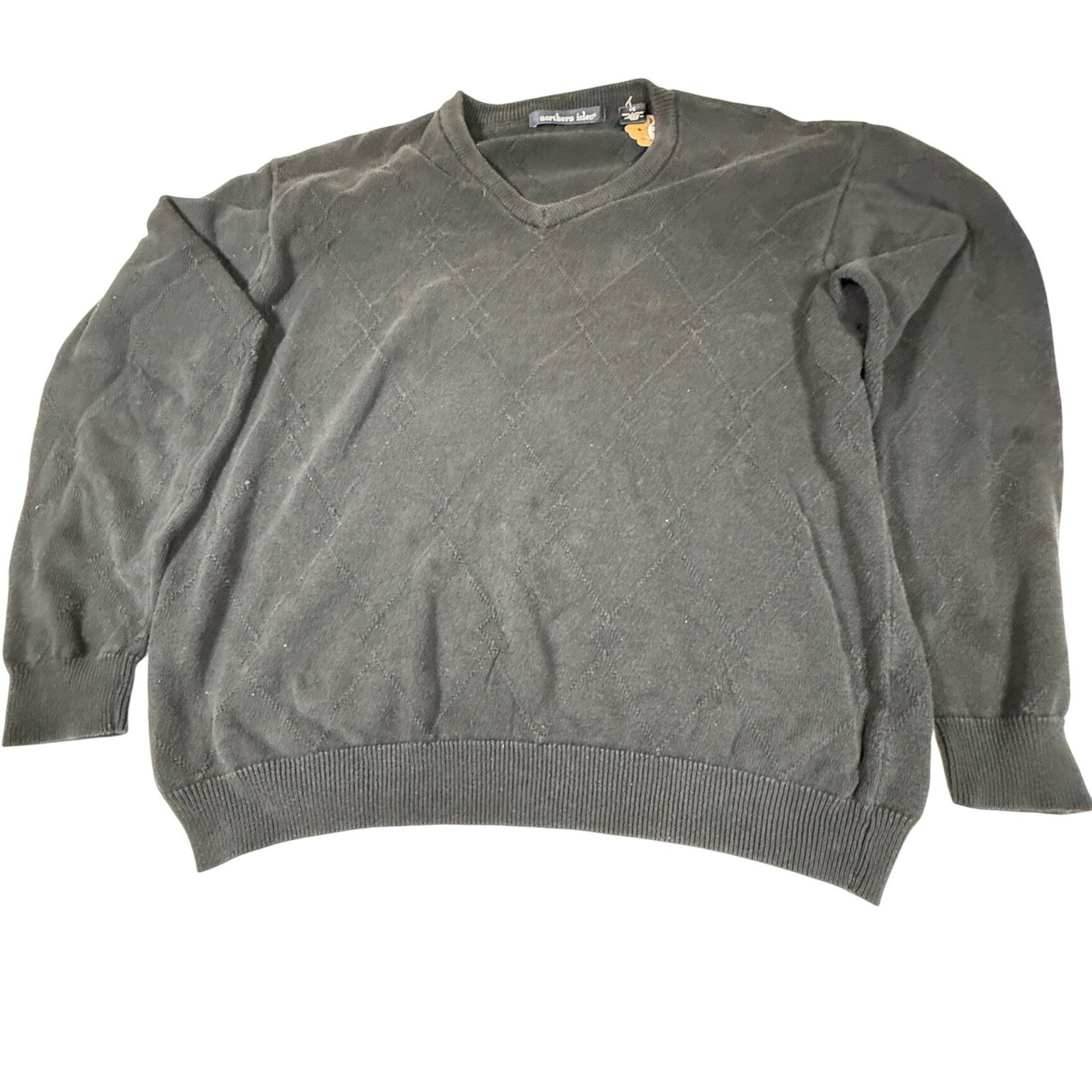 Northern Isles Men's L Black 100% Cotton V-Neck Diamond Argyle Knit Sweater