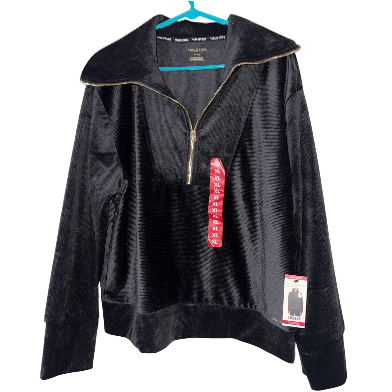 Halston Velour Quarter Zip Funnel Neck Pullover Womens XL Black H5S85ASU NWT