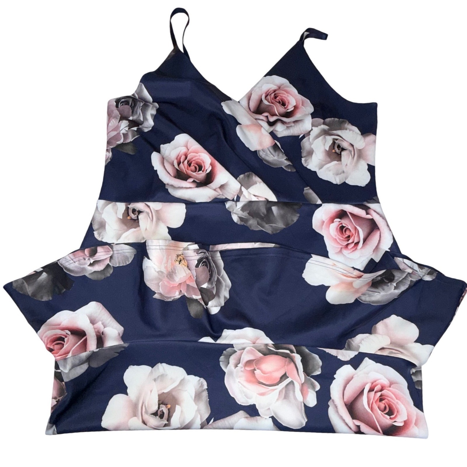 NWT Boohoo Plus Women's 20 Navy Floral Wrap Peplum Midi Dress