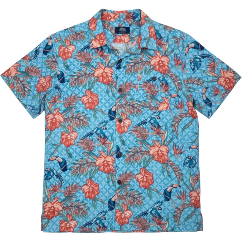 Havana Jim Tropical Toucan Parrot Shirt Mens M Blue Floral Rayon Aloha