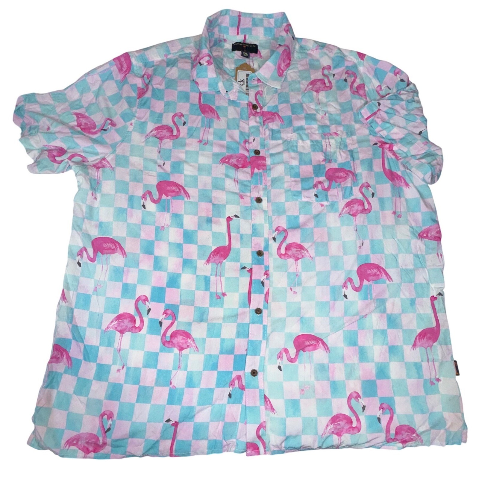 Margaritaville Men's XXL Blue Pink Flamingo Check Short Sleeve Button-Up Shirt