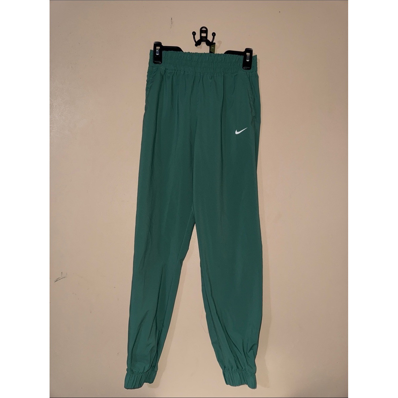 Nike Dri-FIT Kids Size L Teal Green Jogger Pants White Swoosh Elastic Waist