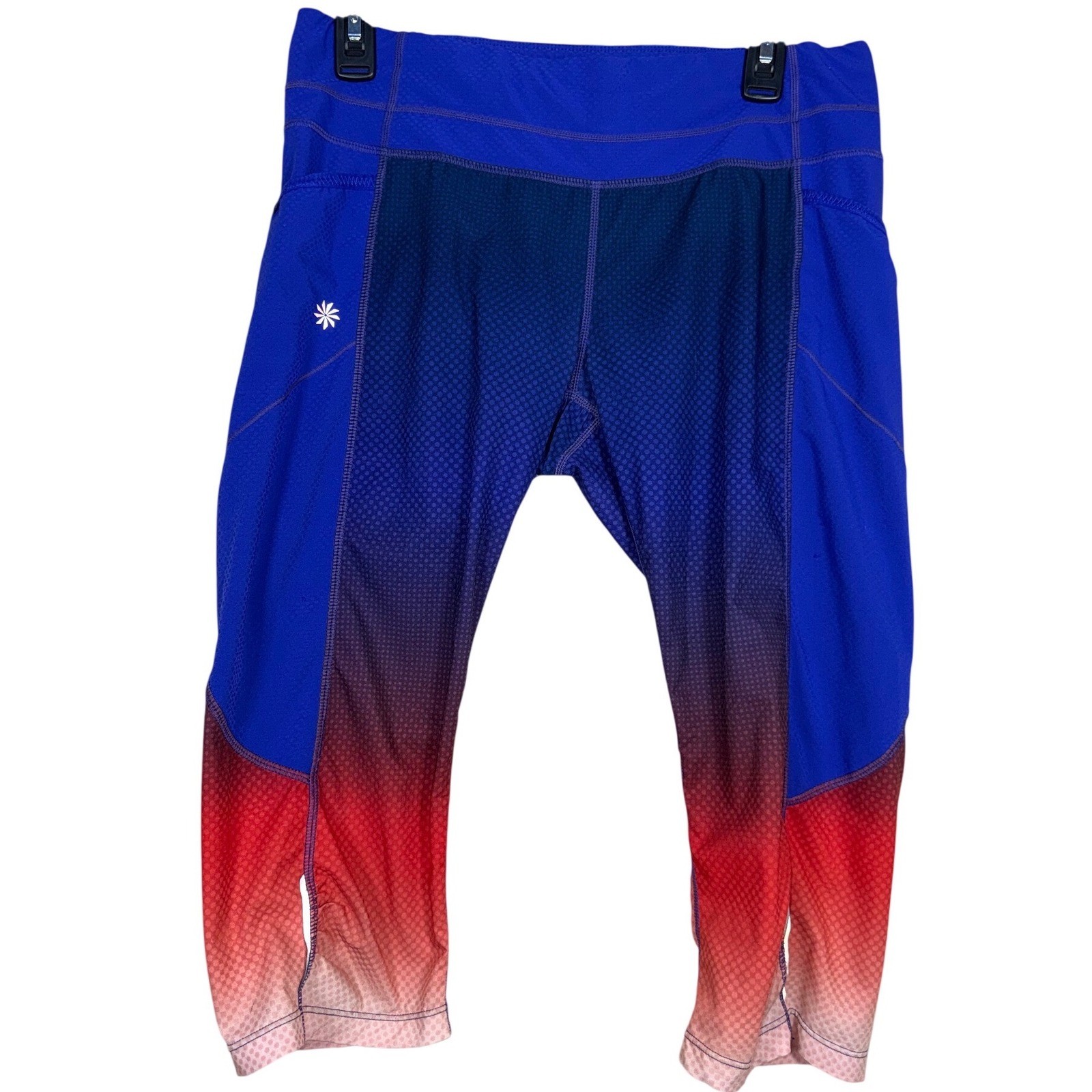 Athleta Be Free Knicker Womens M Blue Red Ombre Capri Running Leggings Pockets