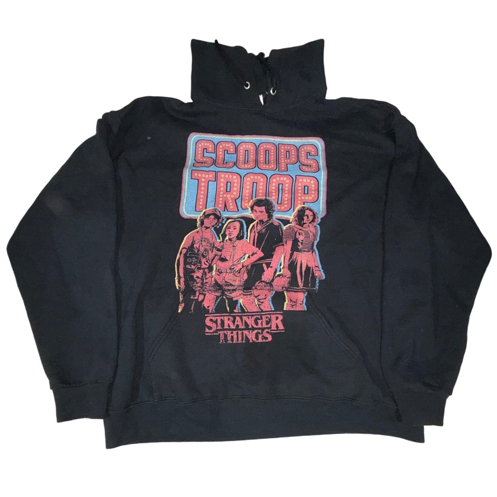 Stranger Things Scoops Troop Hoodie XL Black Jerzees Steve Robin Dustin Erica