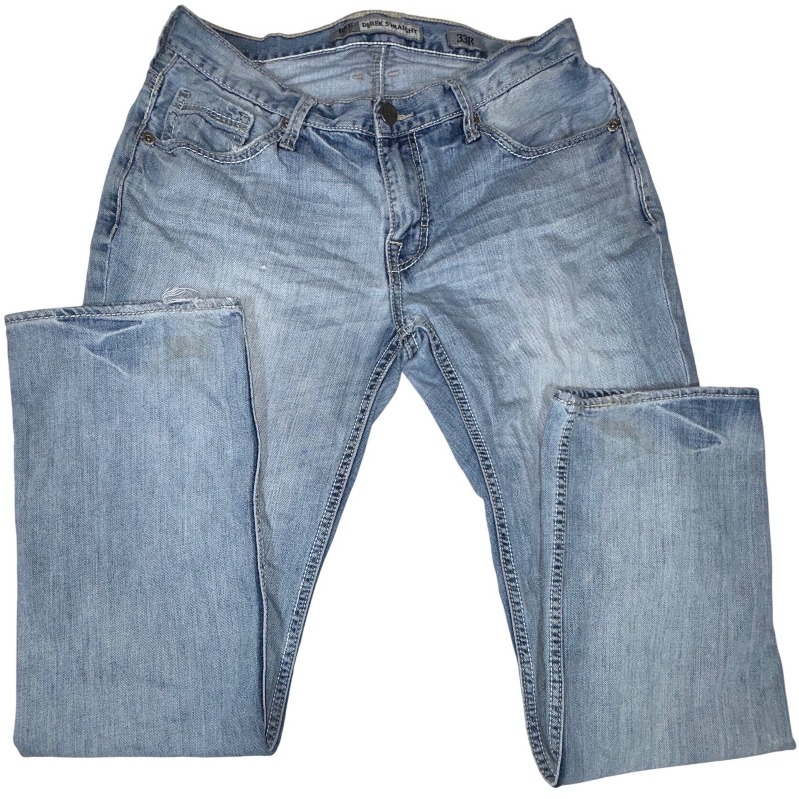 BKE Derek Straight Jeans Men's 33R Light Wash 100% Cotton Distressed 31.5in