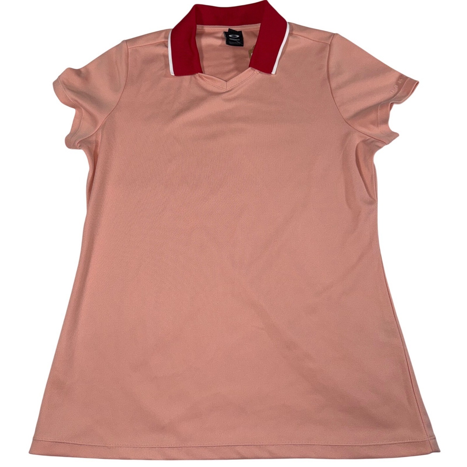 Oakley Performance Fit Women's Golf Polo M Coral Pink Red V-Neck Short Sleeve