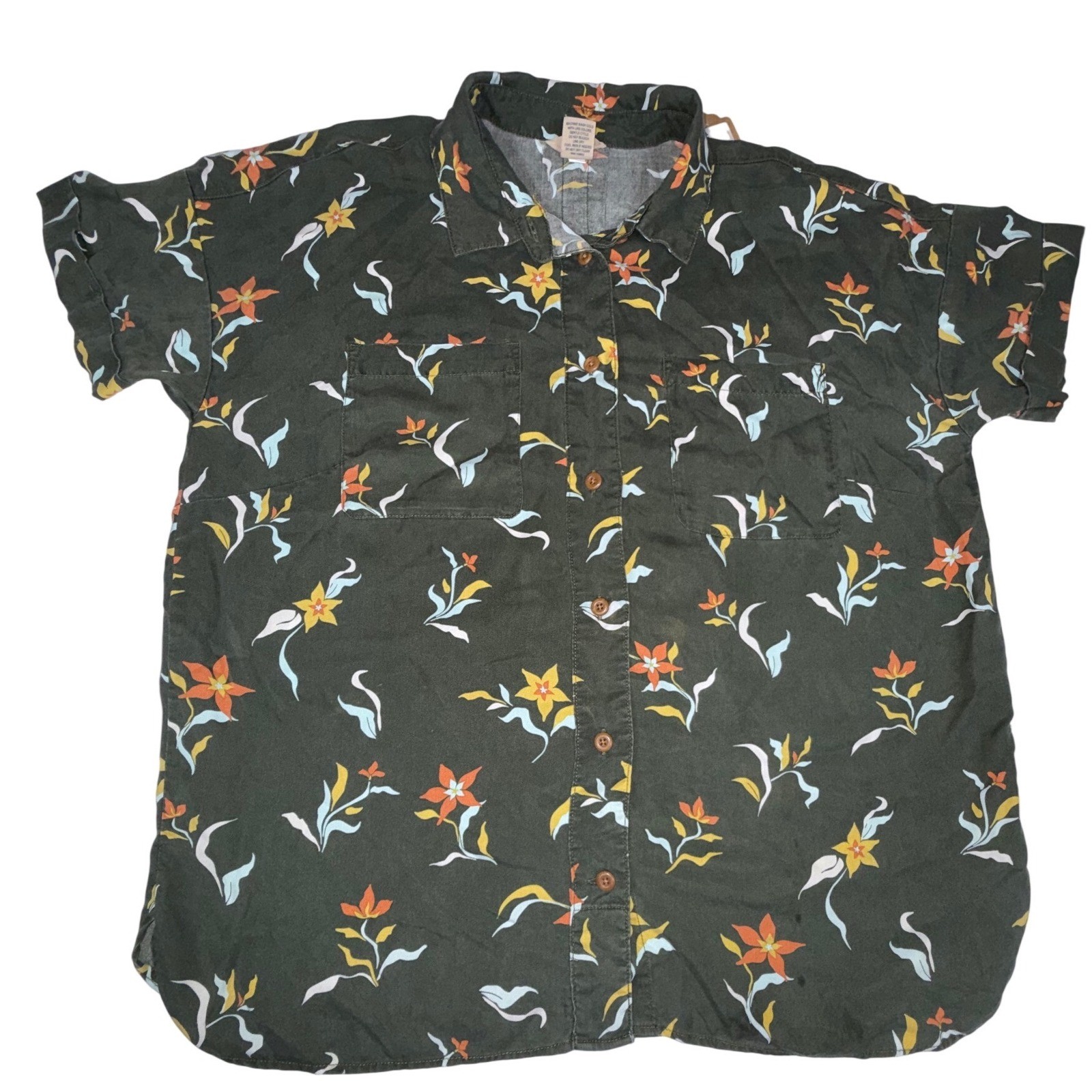 Duluth Trading Co Floral Button Down Shirt Womens M Green Tencel Lyocell Soft