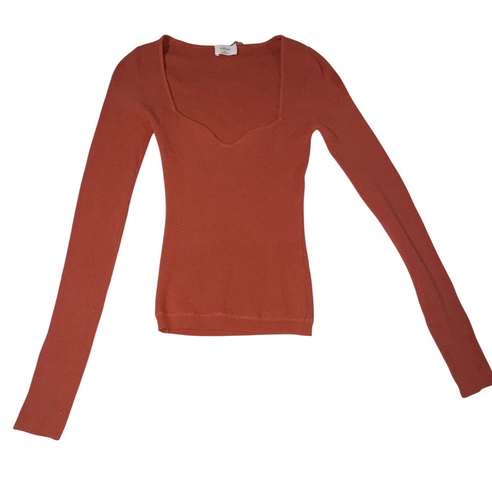 Aritzia Wilfred Tuscany Sweater XS Rust Orange Ribbed Sweetheart Neck