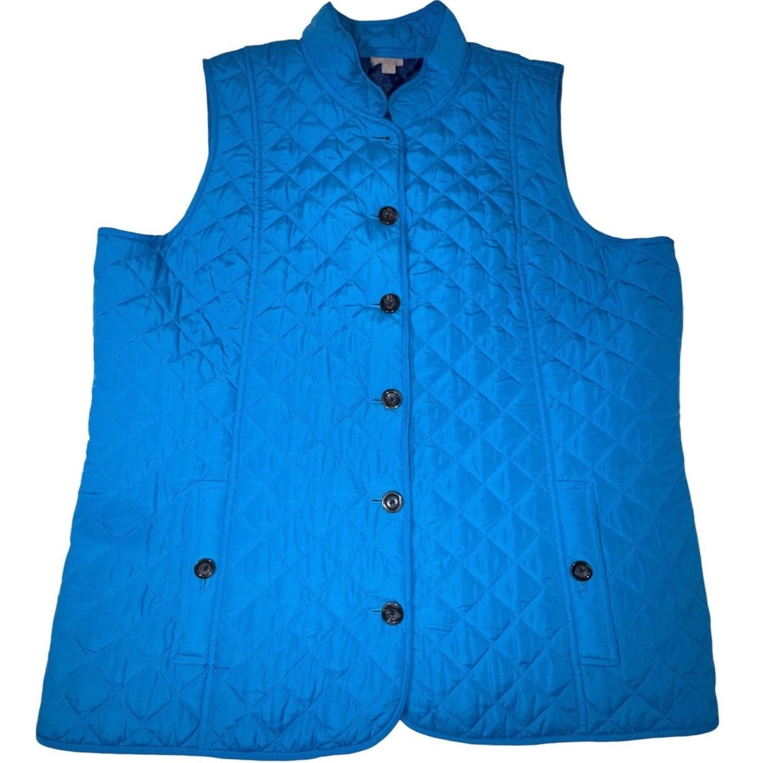J.Jill Women's XL Bright Blue Quilted Vest Button Front Diamond Stitch
