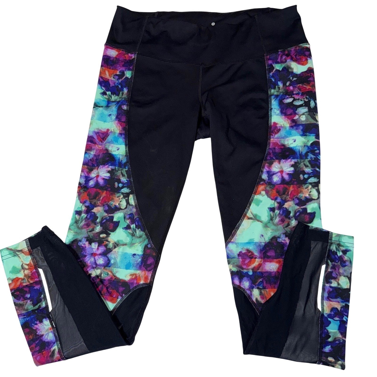 Athleta Women's M Black Floral Side-Panel Crop Leggings Rear Zip 438834