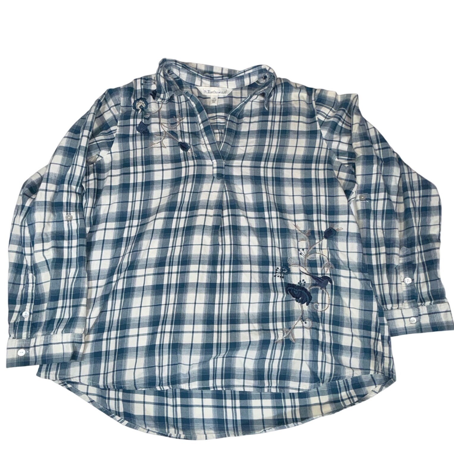 Tantrums Womens XXL Blue White Plaid Embroidered Bird Floral Cotton Tunic