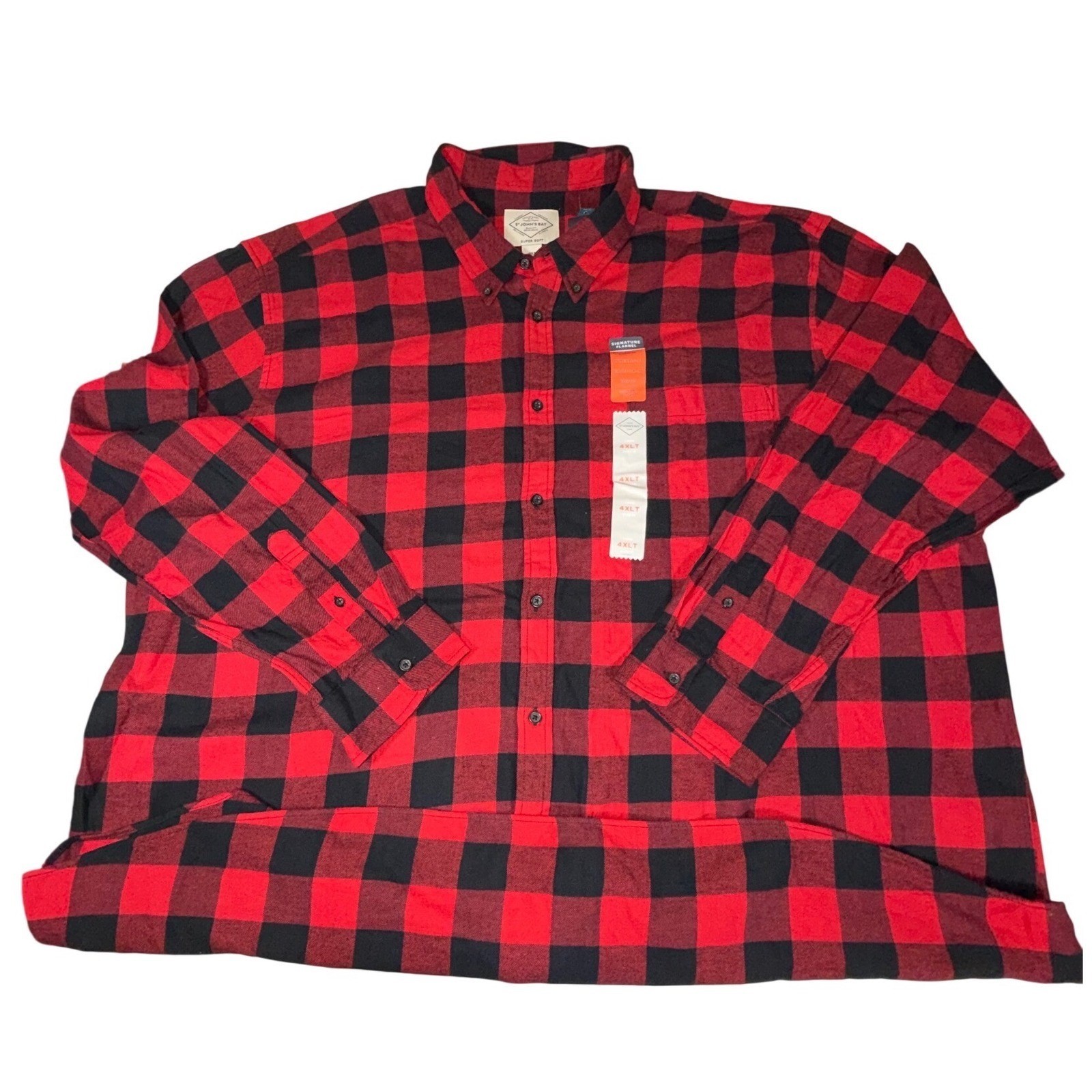 St. John's Bay Mens 4XLT Red Black Buffalo Plaid Cotton Flannel Shirt NWT