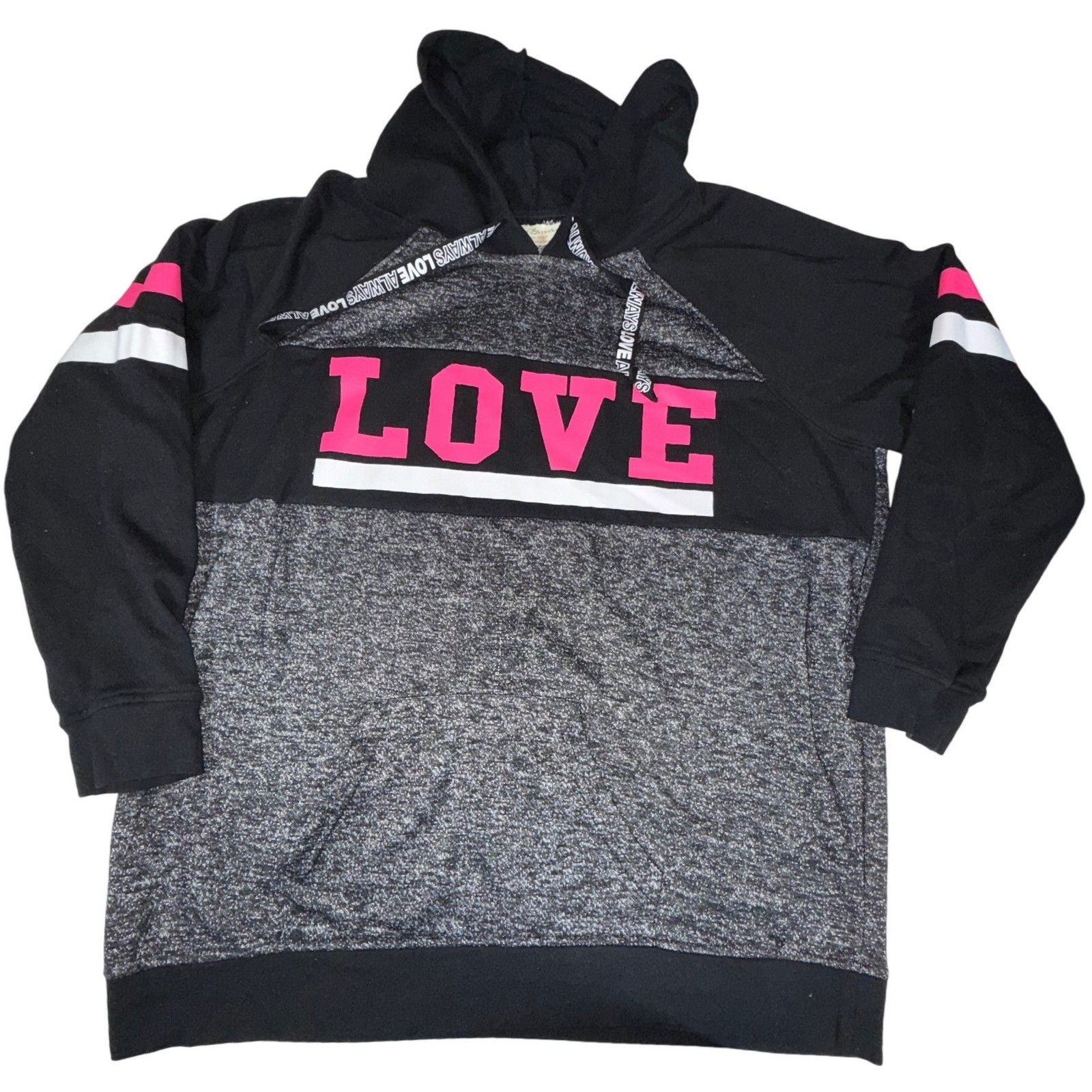 Bobbie Brooks Womens 2X LOVE Graphic Gray Black Pink Colorblock Pullover Hoodie