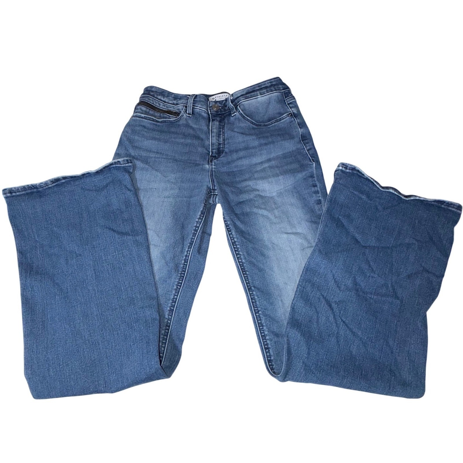 Athleta Sculptek Womens 8P Petite Wide Leg Flare Jeans Blue Denim Raw Hem