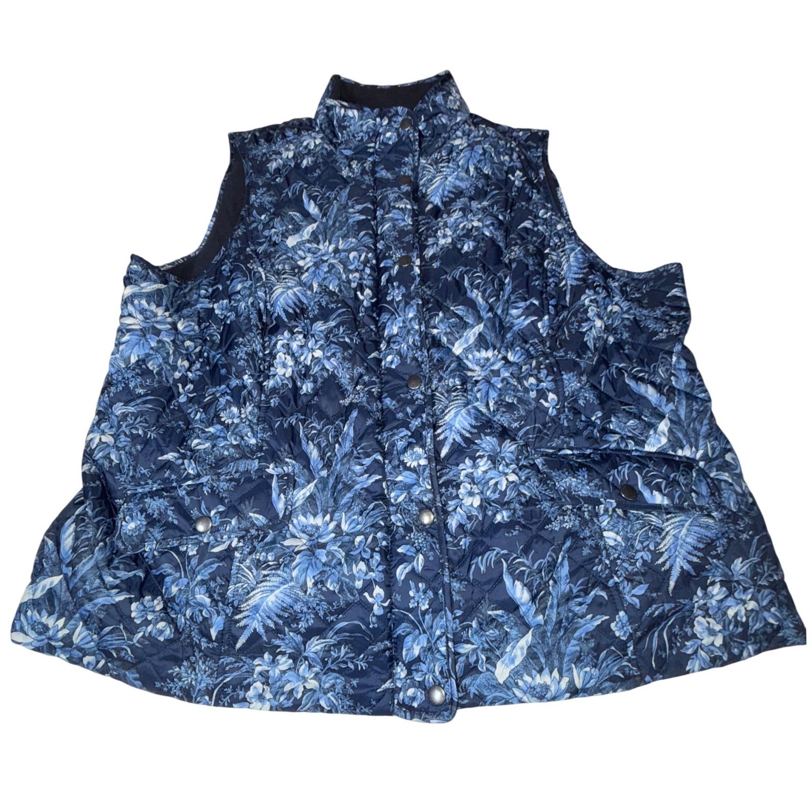 Talbots Plus Petite Womens 2XP Blue Floral Quilted Snap Front Puffer Vest