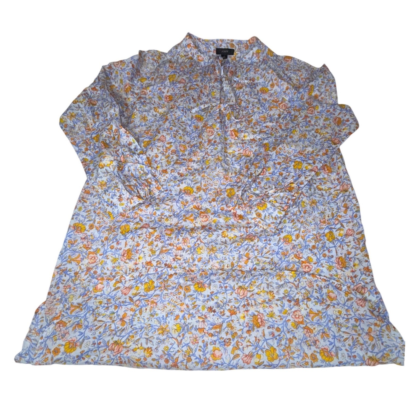 J.Crew Re-Imagined Womens S Floral Cotton Tunic Blouse Blue Orange Long Sleeve