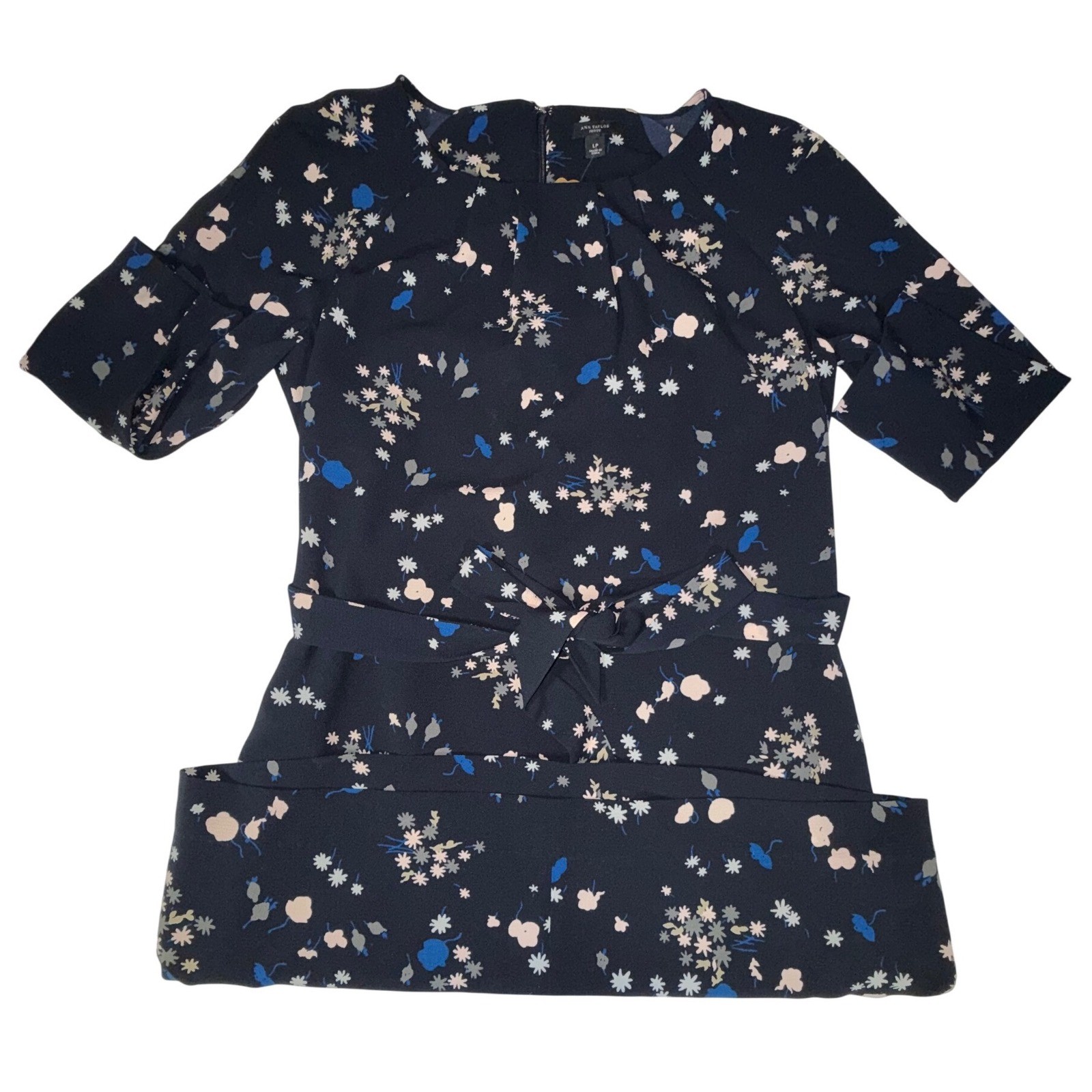 Ann Taylor Petite Womens LP Navy Floral Belted Shift Dress 3/4 Sleeve