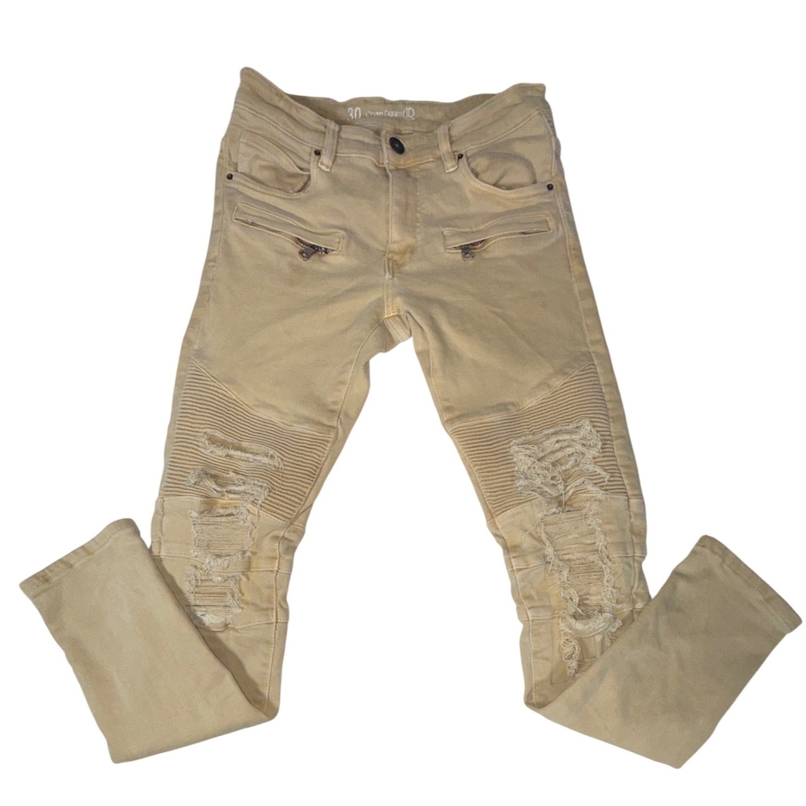 Crysp Denim Mens 30 Mustard Tan Distressed Moto Biker Skinny Jeans Stretch