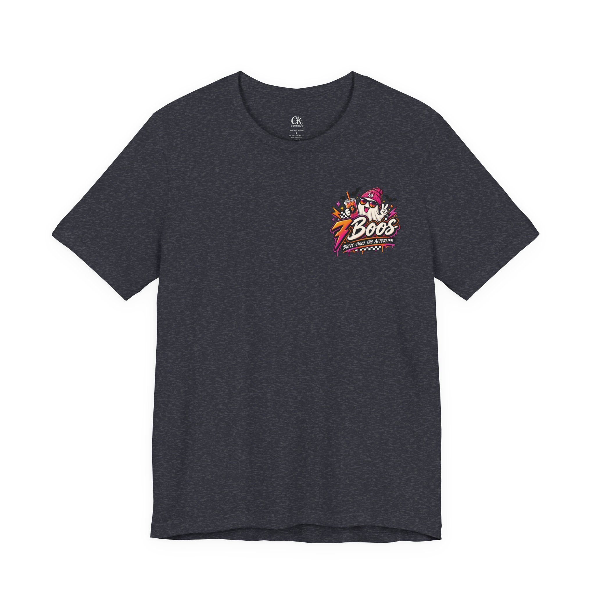 7 Boos Halloween Ghost Drink Tee — Spooky Pumpkin Spice Beverage T-Shirt in Heather Navy