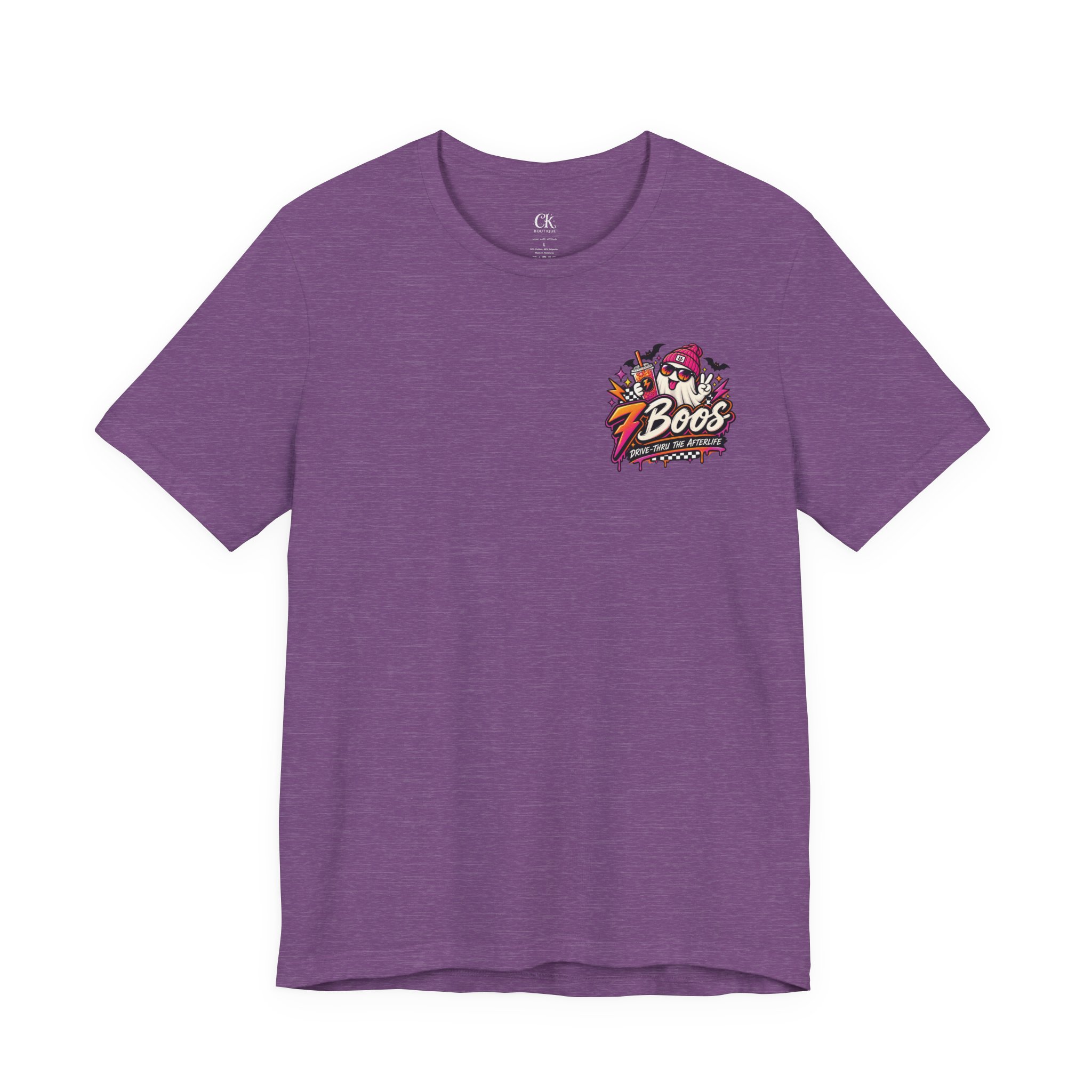 7 Boos Halloween Ghost Drink Tee — Spooky Pumpkin Spice Beverage T-Shirt in Heather Team Purple