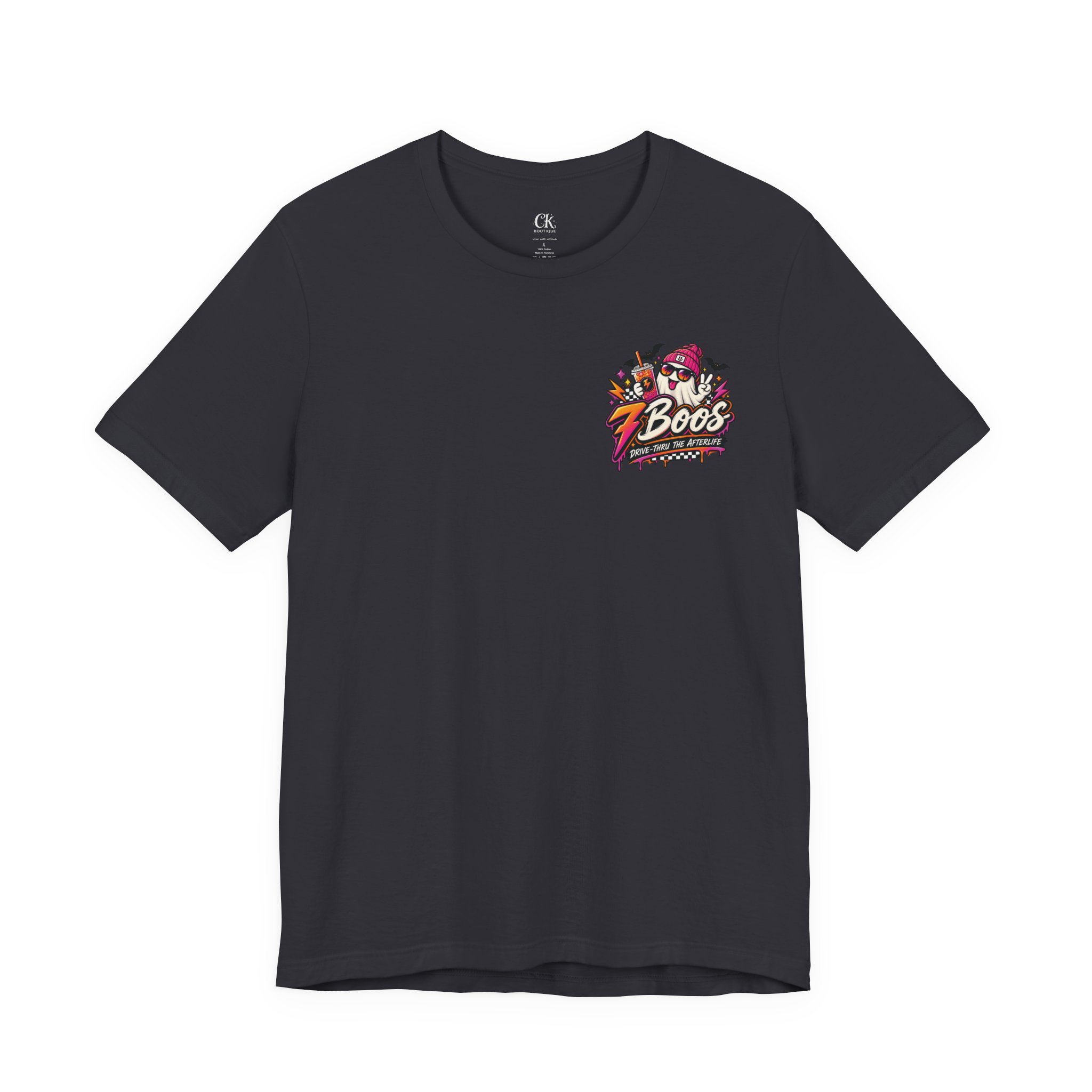 7 Boos Halloween Ghost Drink Tee — Spooky Pumpkin Spice Beverage T-Shirt in Dark Grey