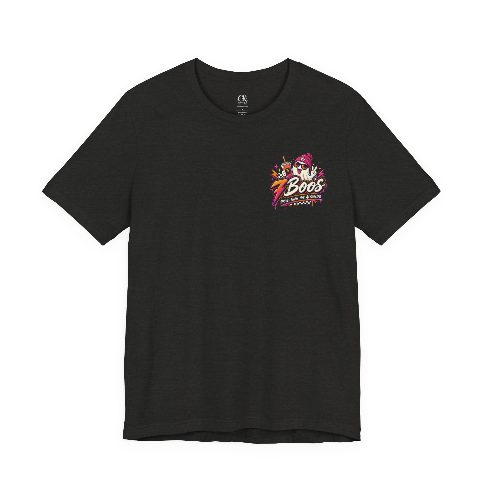 7 Boos Halloween Ghost Drink Tee — Spooky Pumpkin Spice Beverage T-Shirt in Black Heather