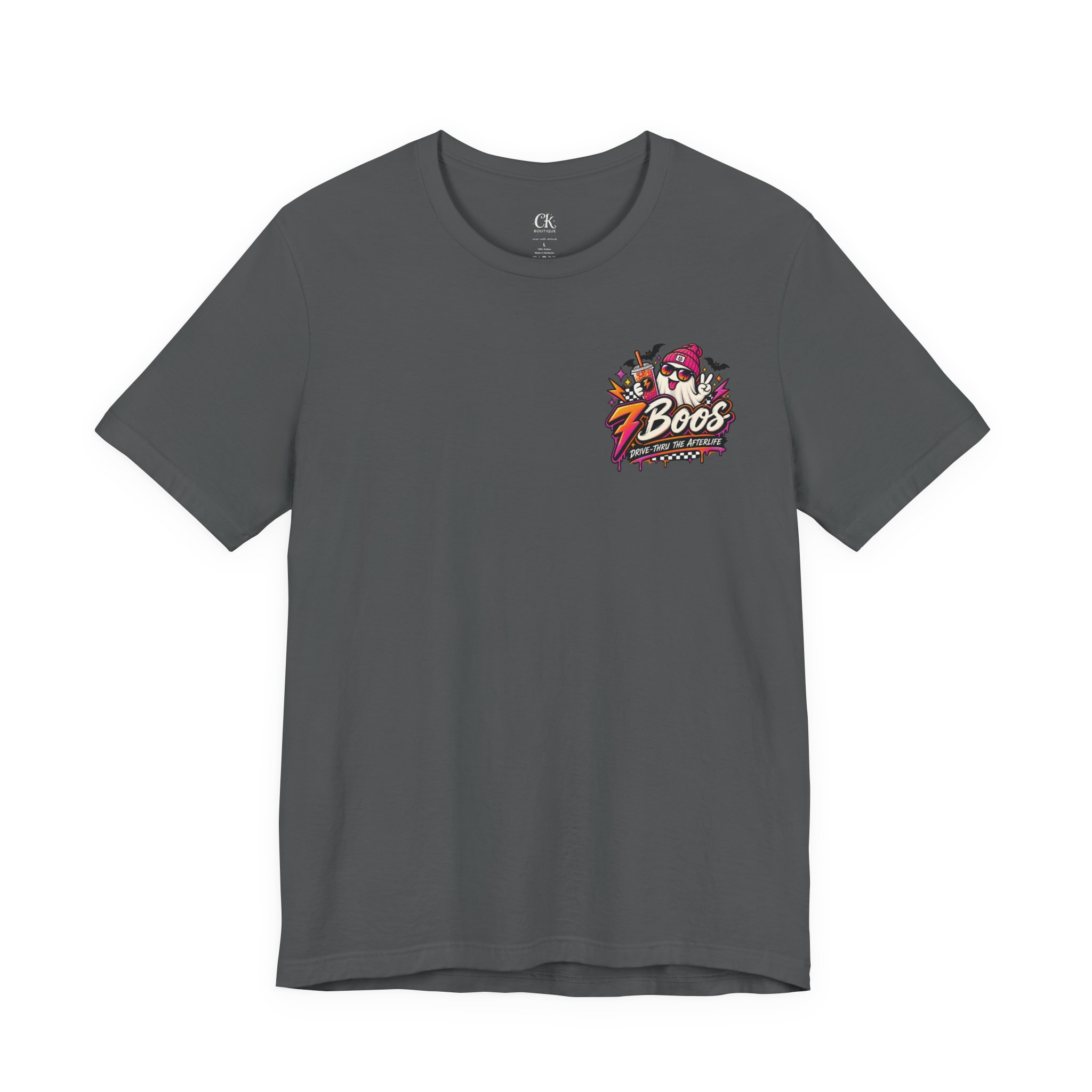 7 Boos Halloween Ghost Drink Tee — Spooky Pumpkin Spice Beverage T-Shirt in Asphalt