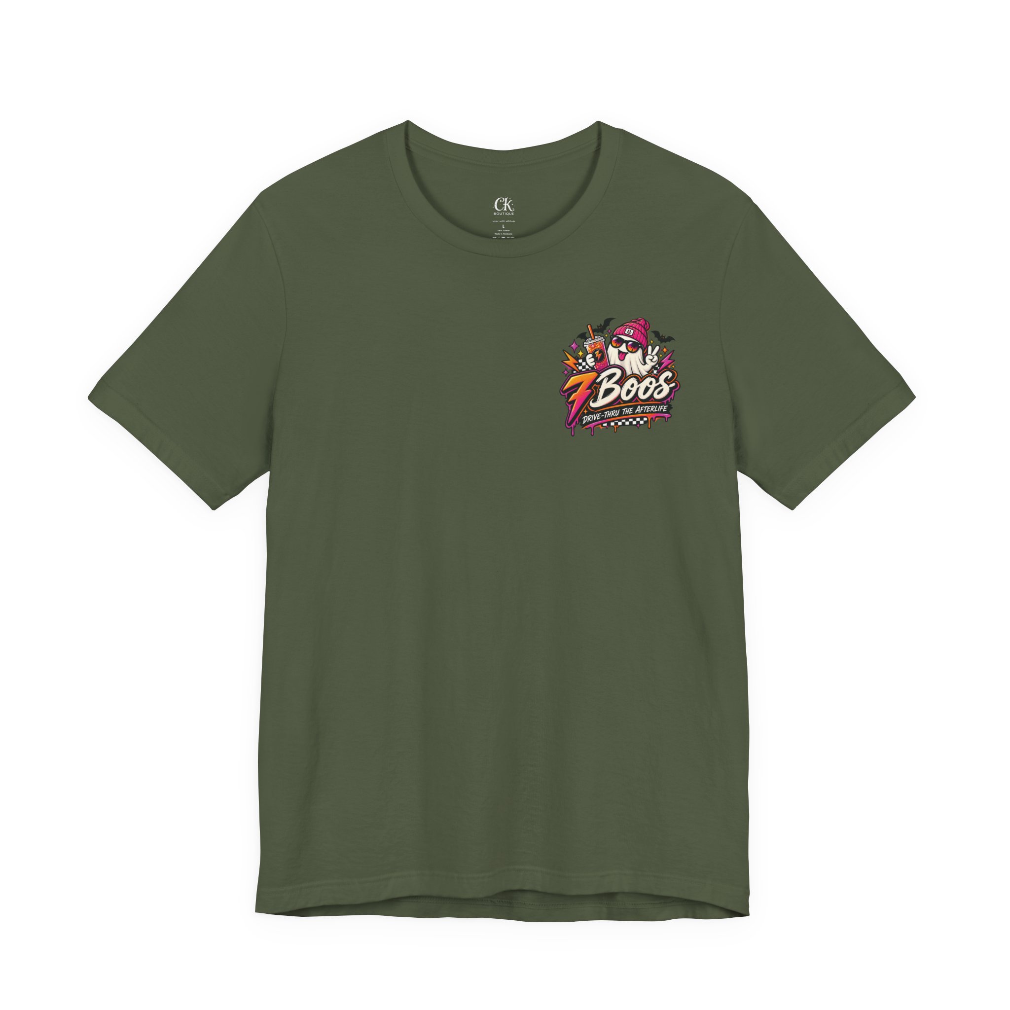 7 Boos Halloween Ghost Drink Tee — Spooky Pumpkin Spice Beverage T-Shirt in Military Green