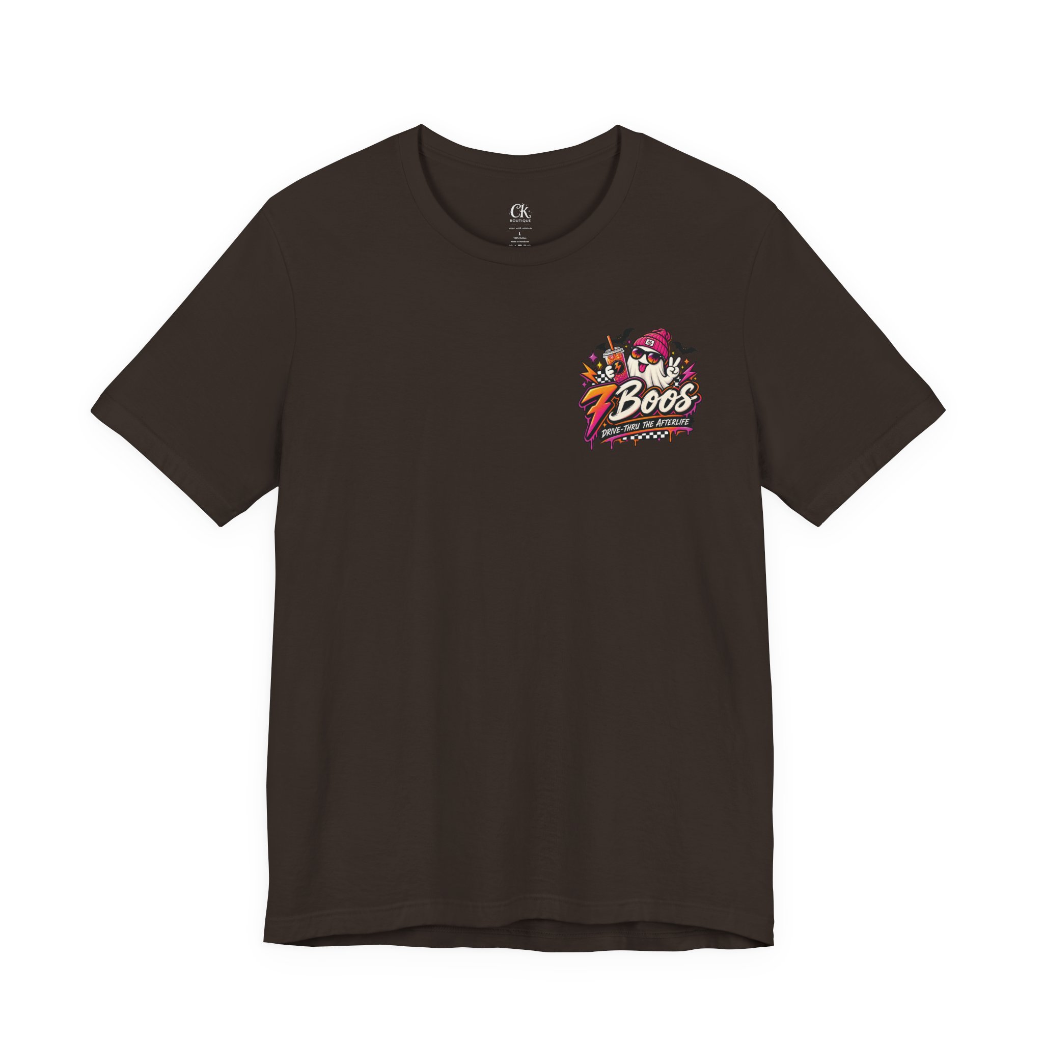 7 Boos Halloween Ghost Drink Tee — Spooky Pumpkin Spice Beverage T-Shirt in Brown